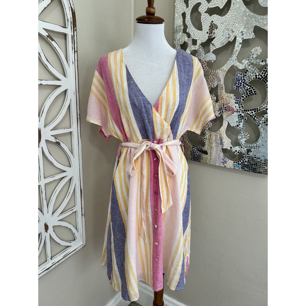 Line and Dot LARGE Belted Short Sleeve Linen Kari Stripe Dress NWT